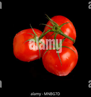 Thre red ripe tomatoes with stem isolated on black background. Stock Photo