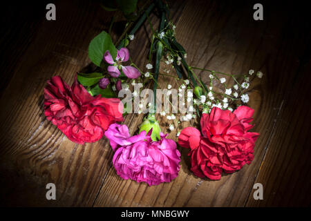Three carnation flowers on wood being light painted in a studio. Stock Photo