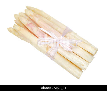 Bundle of white asparagus shoots, also sparrow grass. Blanched cultivated Asparagus officinalis. Spring vegetable with thick stems and closed buds. Stock Photo