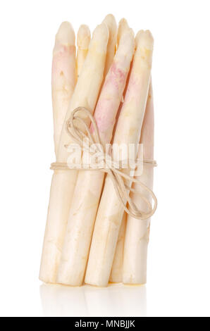 Bundle of fresh white asparagus shoots, upright standing. Blanched sparrow grass. Cultivated Asparagus officinalis. Spring vegetable with thick stems Stock Photo