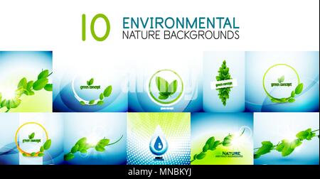Vector mega collection of green concepts, leaf icons, summer and spring ideas. Vector mega collection of green concepts, leaf icons, summer and spring ideas with blue sky. Backgrounds for web banner, advertising presentation and promotional message. Vector Illustration for your design or site Stock Vector
