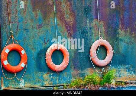 Close up of three life perserver rings hanging off an old boat in a field of junk boats in Homer, Alaska.  Seen from a walking path along the Kachemak Stock Photo