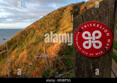 Triskelion Way coastal walk, Isle of Man, marker post. Stock Photo