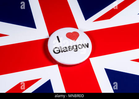 LONDON, UK - APRIL 27TH 2018: An I Love Glasgow badge pictured over the UK flag, on 27th April 2018. Stock Photo