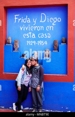 Mexico City,Hispanic,Coyoacan,Del Carmen,Frida Kahlo Museum Museo Frida Kahlo,Blue House,interior inside courtyard,sign,boy boys,male kid kids child c