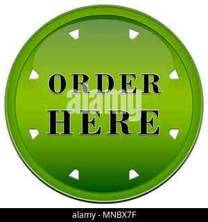 Circular green button order here with arrows on a white background Stock Photo