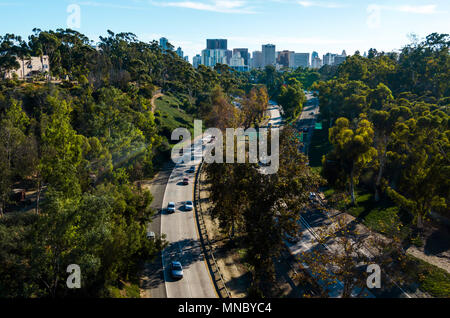 Highway leading to San Diego downtown with tall buildings in the background Stock Photo