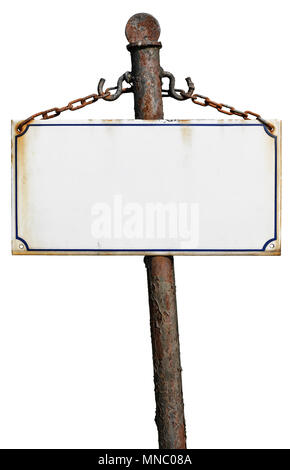 Old metal sign hanging on rusty pole. Isolated on white background Stock Photo