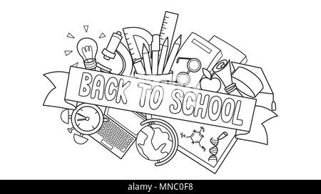 Doodle of student supplies with Back to School label in front for design element and coloring book page for kids. Vector illustration Stock Vector