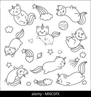 Hand drawn cute unicorn cats flying with stars and clouds for design element and coloring book page for kids or teens. Stock Vector