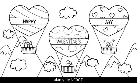 Hand drawn of couples and family spending good time on hearted shape hot air balloon for Valentine’s day. Vector illustration for cards,invitation and Stock Vector