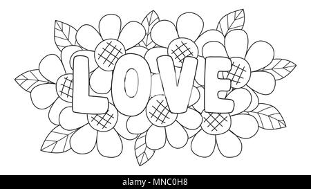 Clean Lines The Letters LOVE Lay On Cute Flowers For Design Element And Coloring Book Page