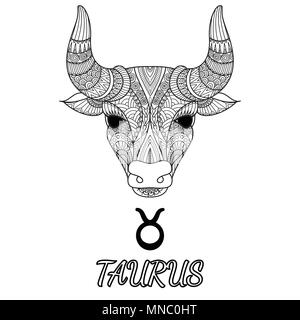 Zendoodle design of Taurus zodiac sign for design element and adult coloring book page. Vector illustration Stock Vector