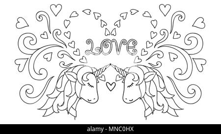 Hand drawn Unicorn. Magical animal. Vector artwork. Black and white. Coloring book pages for adults and kids. Happy Valentines day card. Vector illust Stock Vector