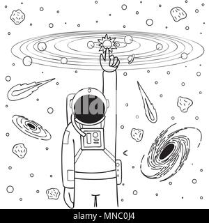 Hand drawn cute astronaut touch then sun and balance the solar system, design for design element and coloring book page for kids and adult,vector illu Stock Vector