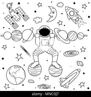 Funny astronaut standing on planets doing weight lifting in space design for print,illustration and coloring book page for kids and adult Stock Vector