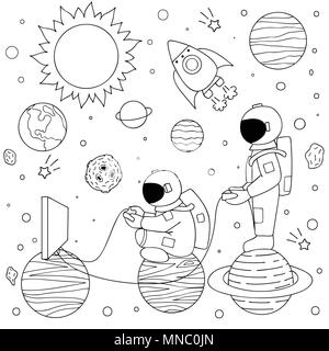 Hand drawn two funny astronauts playing video games on space for design element like print on video games and coloring book page. Vector illustration Stock Vector