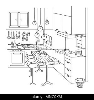 Hand drawn of cute interior kitchen for design element and coloring book page.Vector illustration Stock Vector