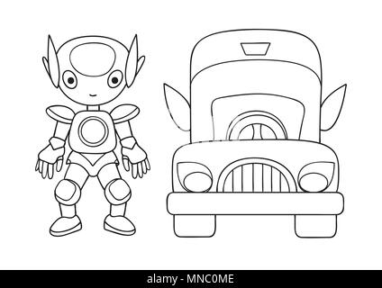Hand drawn cute robot  with car for design element and coloring book page for both kids and adults. Vector illustration Stock Vector