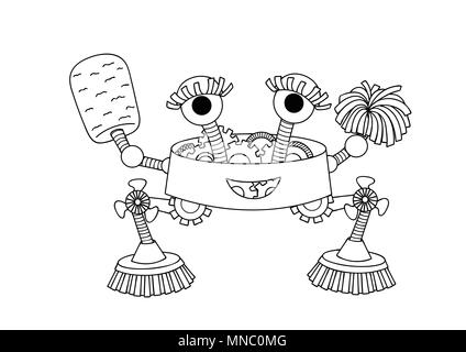 Hand drawn cute housekeeper robot for design element and coloring book page for both kids and adults. Vector illustration Stock Vector