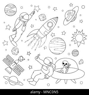 Hand drawn astronaut take a selfie with alien and play with stars on space for design element and coloring book page. Vector illustration Stock Vector