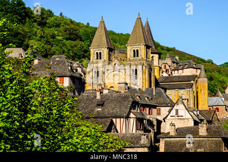 Beautiful view of medieval hillside village of Conques, Occitanie, France. Stock Photo