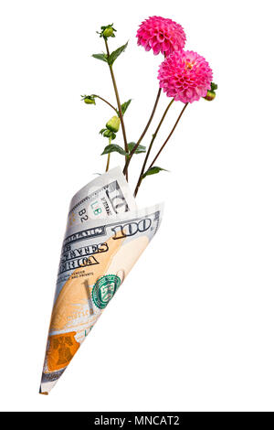 Paper money bag out of one hundred dollars with pink dahlia flowers isolated on a white background Stock Photo