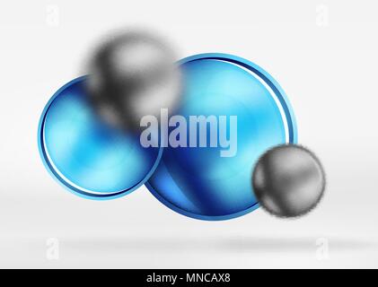 Tech blurred spheres and round circles with glossy and metallic surface. Tech blurred spheres and round circles with glossy and metallic surface. Vector realistic 3d objects, hi-tech technology abstract background Stock Vector