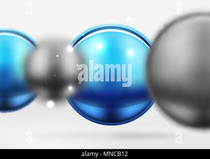 Tech blurred spheres and round circles with glossy and metallic surface. Tech blurred spheres and round circles with glossy and metallic surface. Vector realistic 3d objects, hi-tech technology abstract background Stock Vector