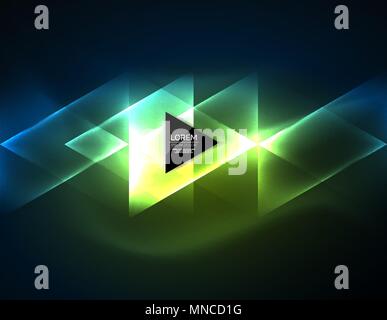 Color neon glowing triangles, abstract background. Color neon glowing triangles, abstract background. Vector techno glowing space with triangles and your message. Hi-tech wallpaper Stock Vector