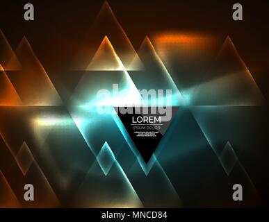 Color neon glowing triangles, abstract background. Color neon glowing triangles, abstract background. Vector techno glowing space with triangles and your message. Hi-tech wallpaper Stock Vector