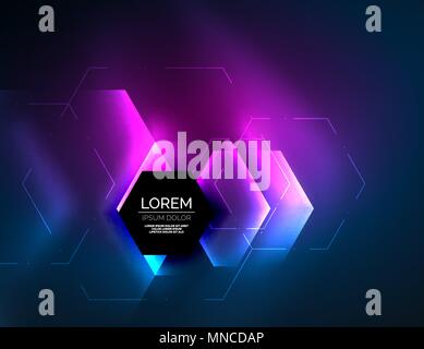 Digital techno abstract background, glowing hexagons. Digital techno abstract background, glowing hexagons, vector geometric hi-tech background with shiny light effects and figures, purple color Stock Vector