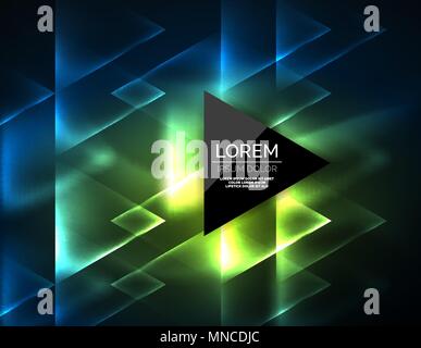 Color neon glowing triangles, abstract background. Color neon glowing triangles, abstract background. Vector techno glowing space with triangles and your message. Hi-tech wallpaper Stock Vector