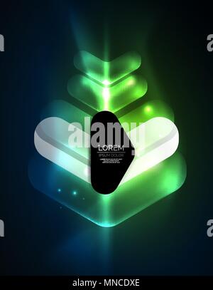 Futuristic neon glowing arrows techno background. Futuristic neon glowing arrows techno background, abstract 3d technology lines. Transparent direction shapes on color backdrop. Geometric minimal abstract background with light effects Stock Vector