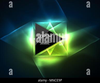 Color neon glowing triangles, abstract background. Color neon glowing triangles, abstract background. Vector techno glowing space with triangles and your message. Hi-tech wallpaper Stock Vector
