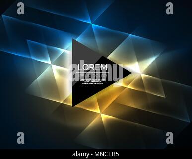 Color neon glowing triangles, abstract background. Color neon glowing triangles, abstract background. Vector techno glowing space with triangles and your message. Hi-tech wallpaper Stock Vector