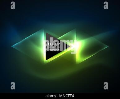 Color neon glowing triangles, abstract background. Color neon glowing triangles, abstract background. Vector techno glowing space with triangles and your message. Hi-tech wallpaper Stock Vector