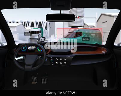 Autonomous vehicle interior. Head up display shows traffic information. 3D rendering image. Stock Photo