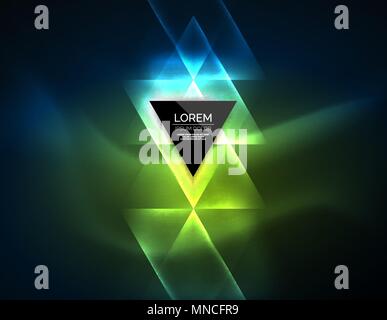 Color neon glowing triangles, abstract background. Color neon glowing triangles, abstract background. Vector techno glowing space with triangles and your message. Hi-tech wallpaper Stock Vector