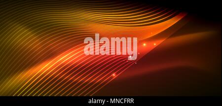 Glowing abstract wave on dark, shiny motion. Glowing abstract wave on dark, shiny motion, magic space light. Vector techno abstract background, red and orange colors Stock Vector