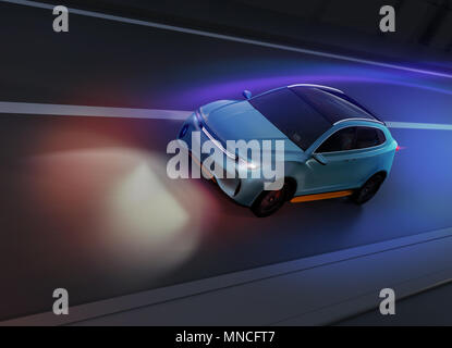 Blue SUV driving on the road with graphic mesh pattern retouched. night traffic.  3D rendering image. Stock Photo