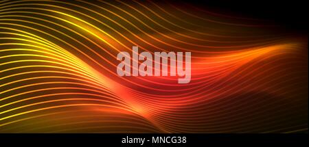 Glowing abstract wave on dark, shiny motion. Glowing abstract wave on dark, shiny motion, magic space light. Vector techno abstract background, red and orange colors Stock Vector