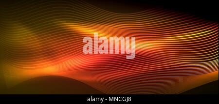 Glowing abstract wave on dark, shiny motion. Glowing abstract wave on dark, shiny motion, magic space light. Vector techno abstract background, red and orange colors Stock Vector