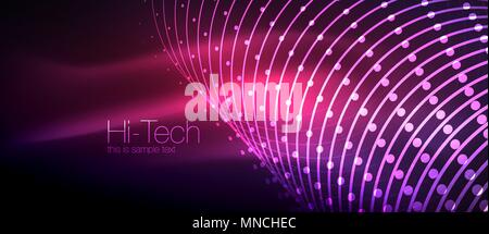 Hi-tech futuristic techno background, neon shapes and dots. Hi-tech futuristic techno background, neon shapes and dots. Technology connection, big data, dotted structure, pink and purple colors Stock Vector