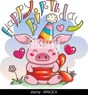 Happy Birthday. Cute cartoon pig in love. Symbol of New 2019 Year. Chinese horoscope Stock Vector