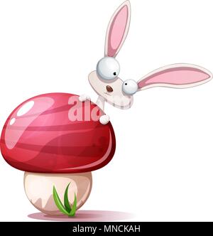 Cartoon funny, cute rabbit and mushroom. Stock Vector