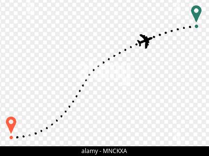 Airplane trace with points of departure and arrival. on transparent background Stock Vector