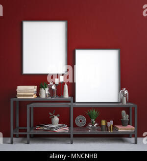 Mock up poster frame in decorated dark red interior background, 3D render Stock Photo