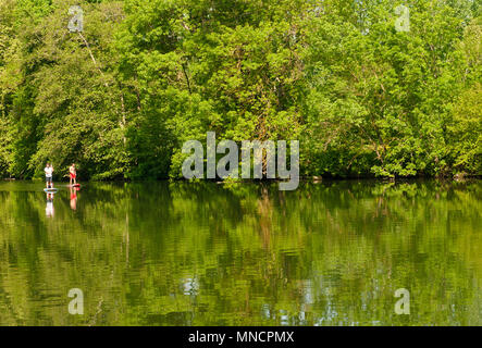 Two men enjoying SUP on the Charente river near Jarnac, France Stock Photo