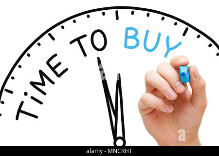 Hand writing Time to Buy concept with blue marker on transparent wipe board. Stock Photo